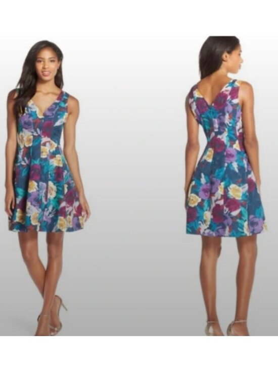 Kaya & Sloane Floral Print Sleeveless Jacquard Short Dress size Large - Picture 2 of 6